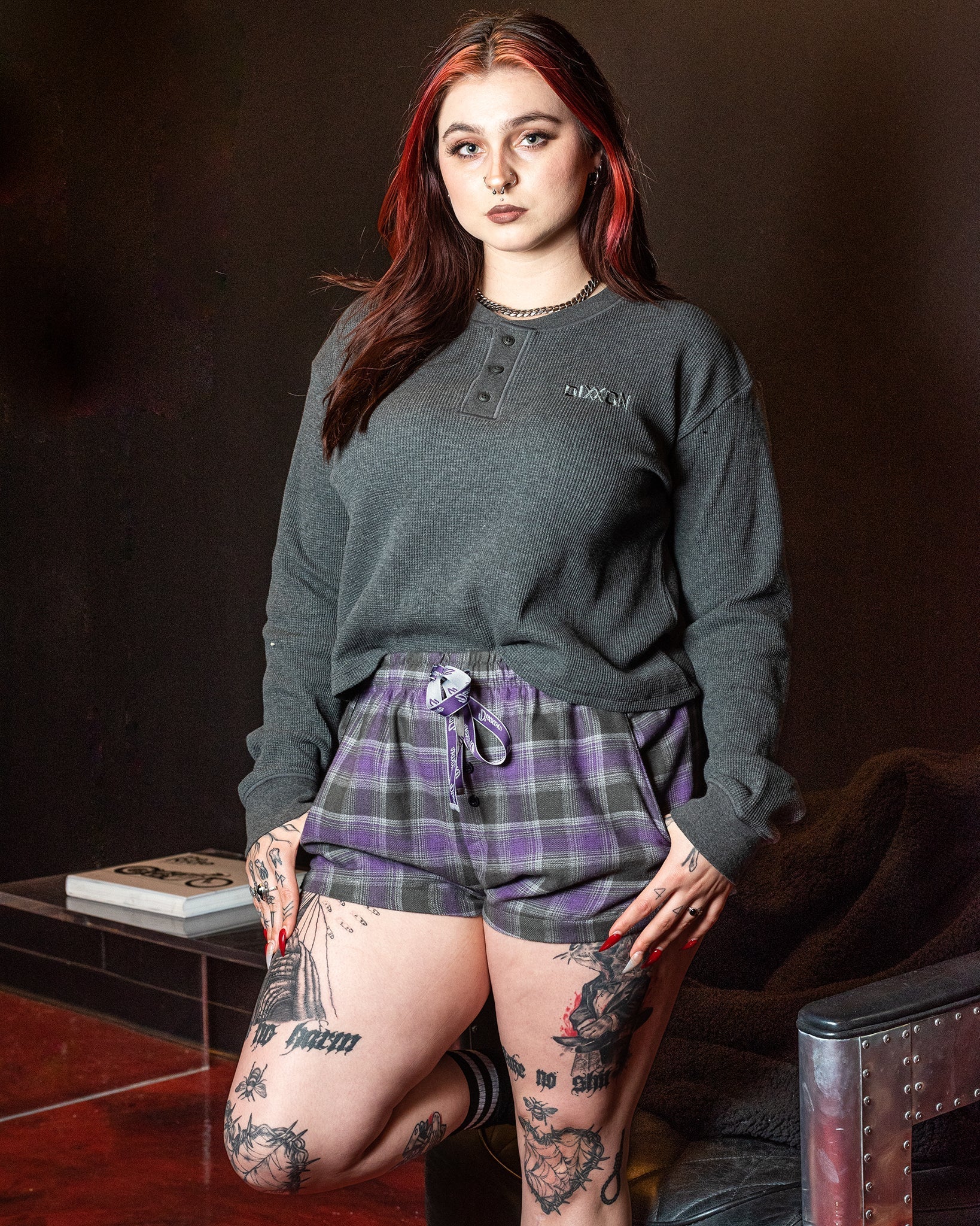 Women's Waffle Knit Long Sleeve Crop Tee - Dark Gray