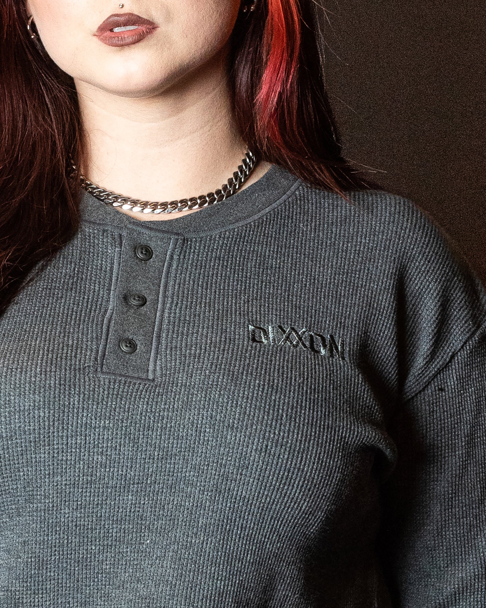 Women's Waffle Knit Long Sleeve Crop Tee - Dark Gray