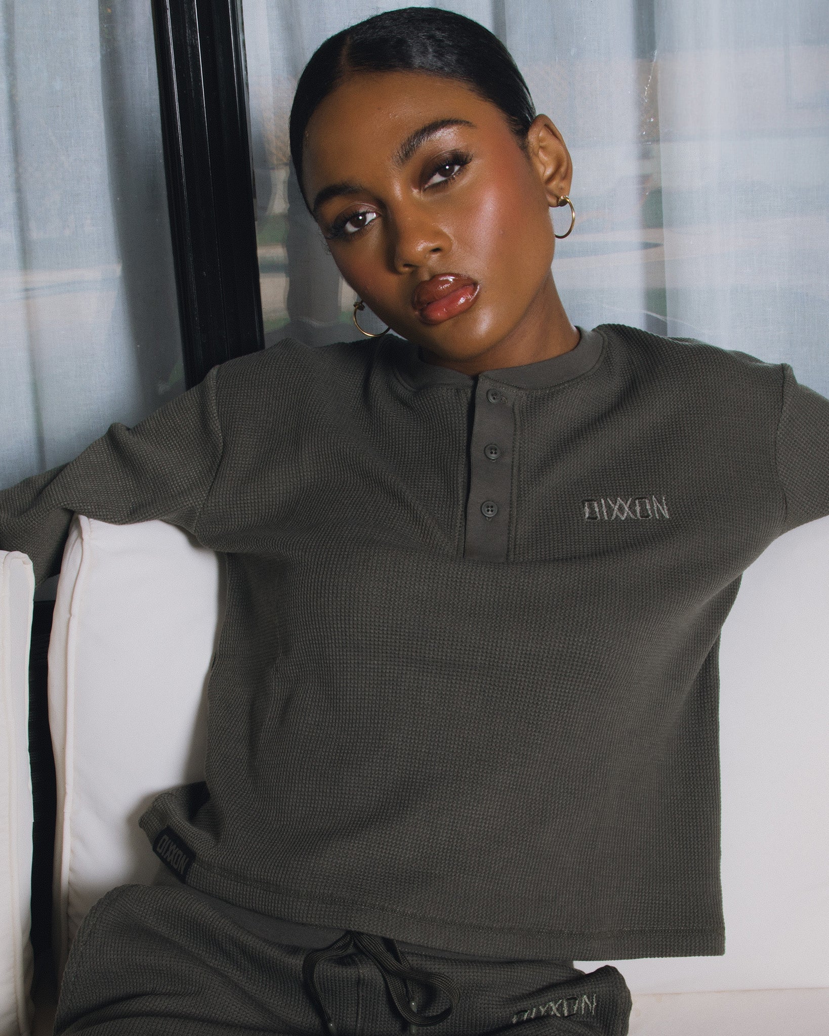 Women's Waffle Knit Long Sleeve Crop Tee - O.D. Green