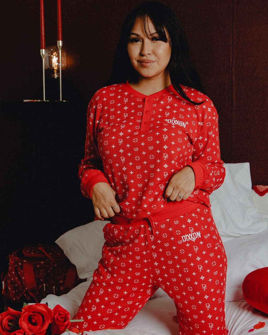 Women's Waffle Knit Long Sleeve Crop Tee - Red & White Bougie