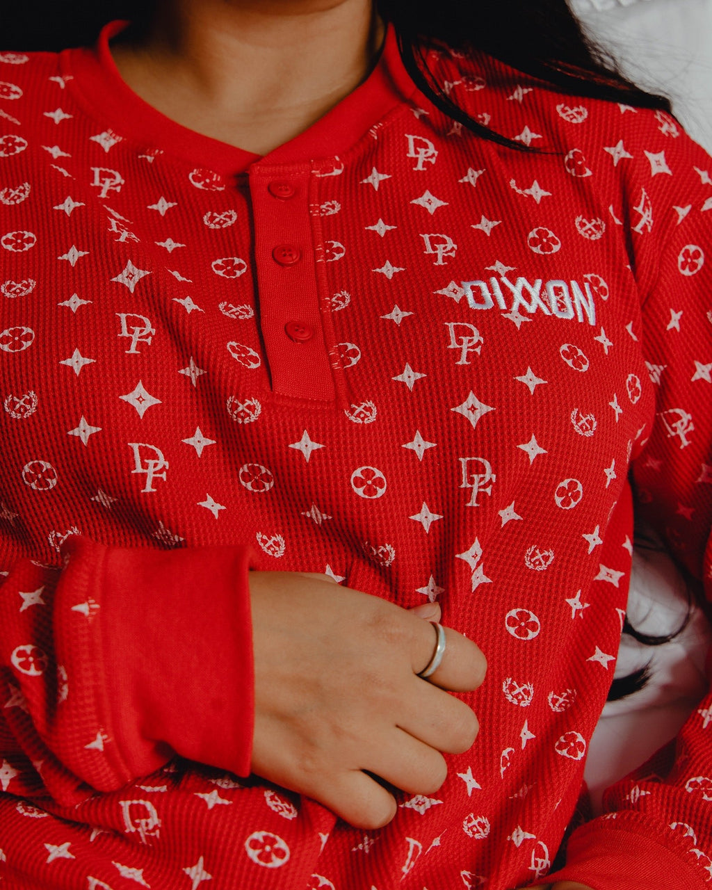 Women's Waffle Knit Long Sleeve Crop Tee - Red & White Bougie