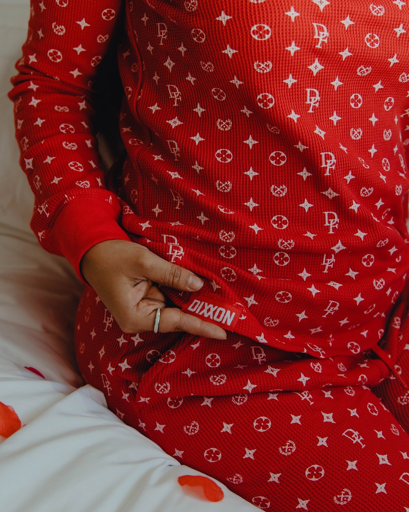 Women's Waffle Knit Long Sleeve Tee - Red & White Bougie