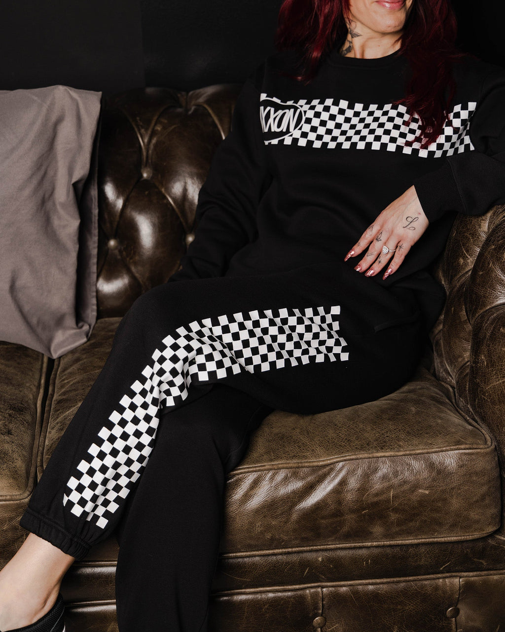 Women's White Checkers Sweatpants - Black